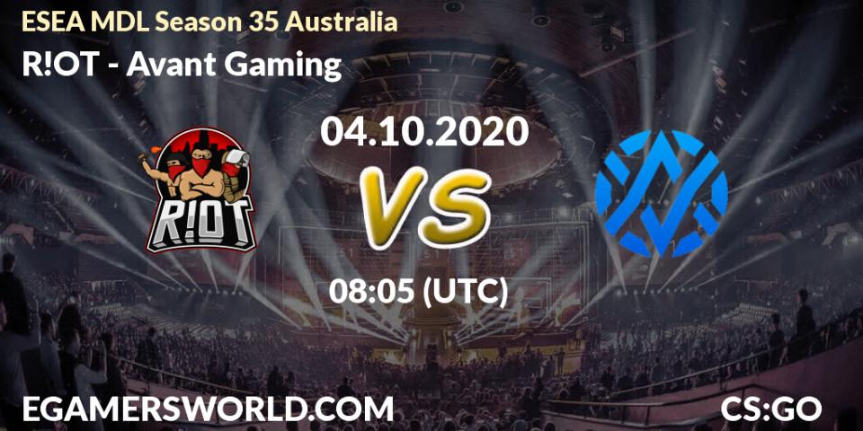 R!OT vs Avant Gaming: Match Prediction. 04.10.2020 at 08:05, Counter-Strike (CS2), ESEA MDL Season 35 Australia