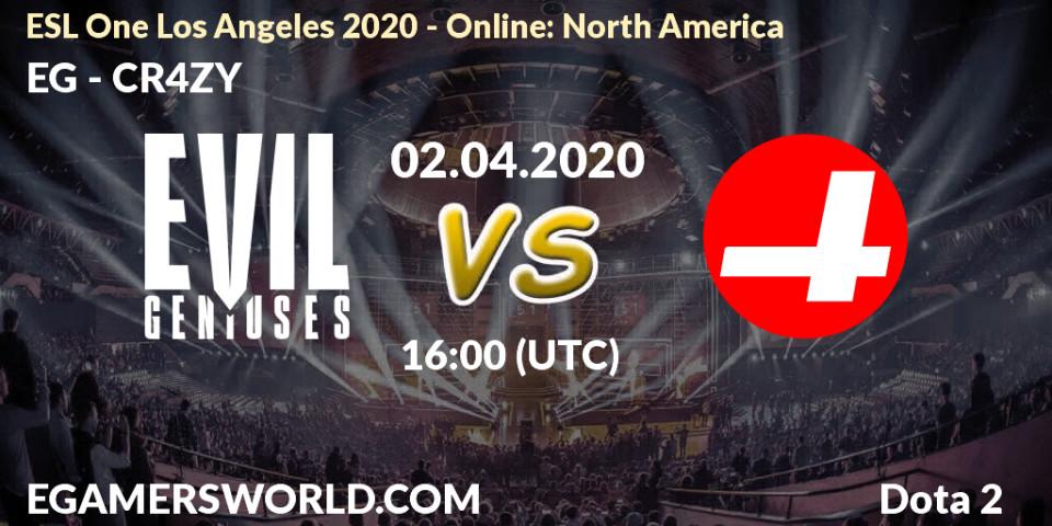 EG vs CR4ZY: Match Prediction. 02.04.2020 at 16:03, Dota 2, ESL One Los Angeles 2020 - Online: North America