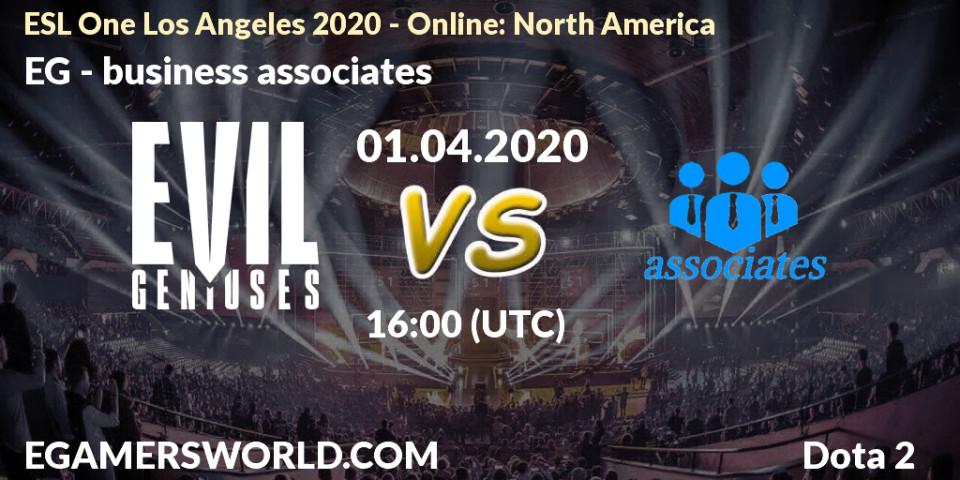 EG vs business associates: Match Prediction. 01.04.2020 at 16:21, Dota 2, ESL One Los Angeles 2020 - Online: North America