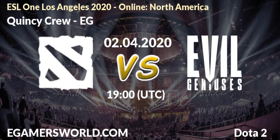 Quincy Crew vs EG: Match Prediction. 02.04.2020 at 19:47, Dota 2, ESL One Los Angeles 2020 - Online: North America