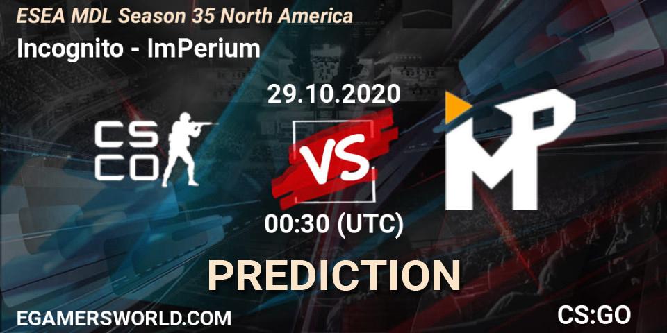 Incognito vs ImPerium: Match Prediction. 29.10.2020 at 00:30, Counter-Strike (CS2), ESEA MDL Season 35 North America