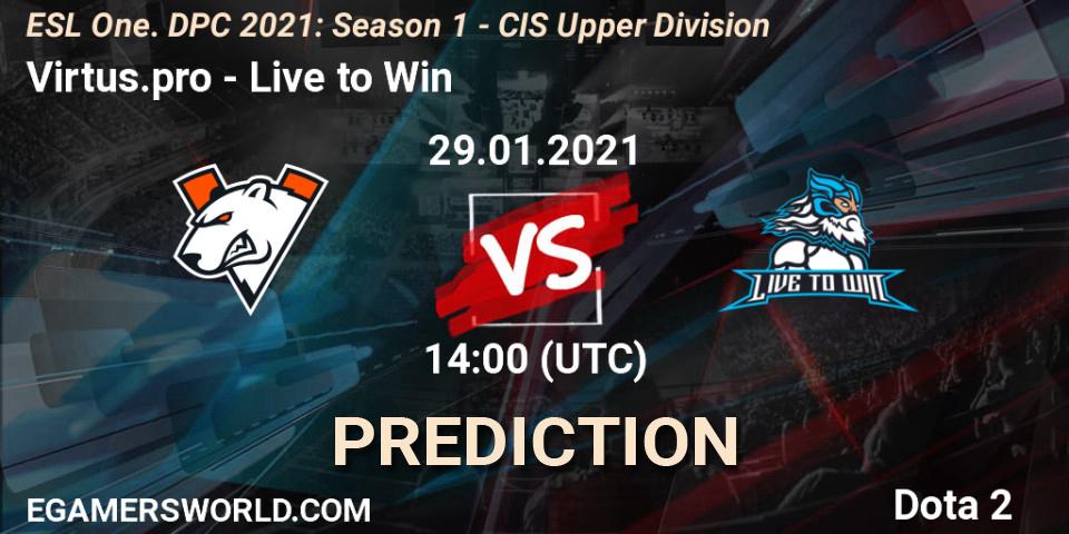 Virtus.pro vs Live to Win: Match Prediction. 29.01.2021 at 13:55, Dota 2, ESL One. DPC 2021: Season 1 - CIS Upper Division