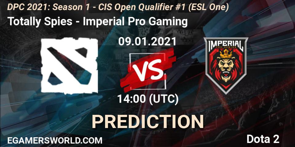 Totally Spies vs Imperial Pro Gaming: Match Prediction. 09.01.2021 at 14:05, Dota 2, DPC 2021: Season 1 - CIS Open Qualifier #1 (ESL One)