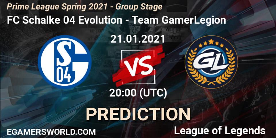 FC Schalke 04 Evolution vs Team GamerLegion: Match Prediction. 21.01.2021 at 20:00, LoL, Prime League Spring 2021 - Group Stage