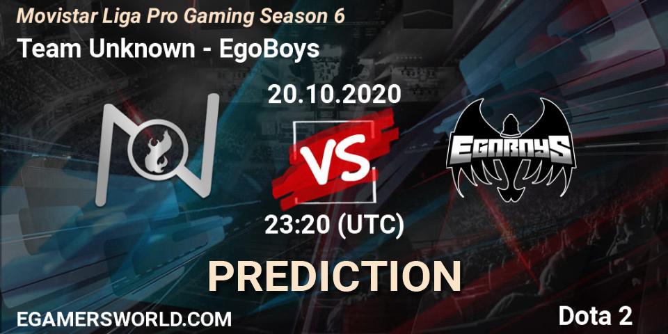 Team Unknown vs EgoBoys: Match Prediction. 20.10.2020 at 23:55, Dota 2, Movistar Liga Pro Gaming Season 6