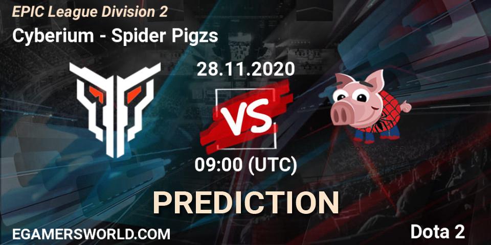 Cyberium vs Spider Pigzs: Match Prediction. 28.11.2020 at 09:09, Dota 2, EPIC League Division 2