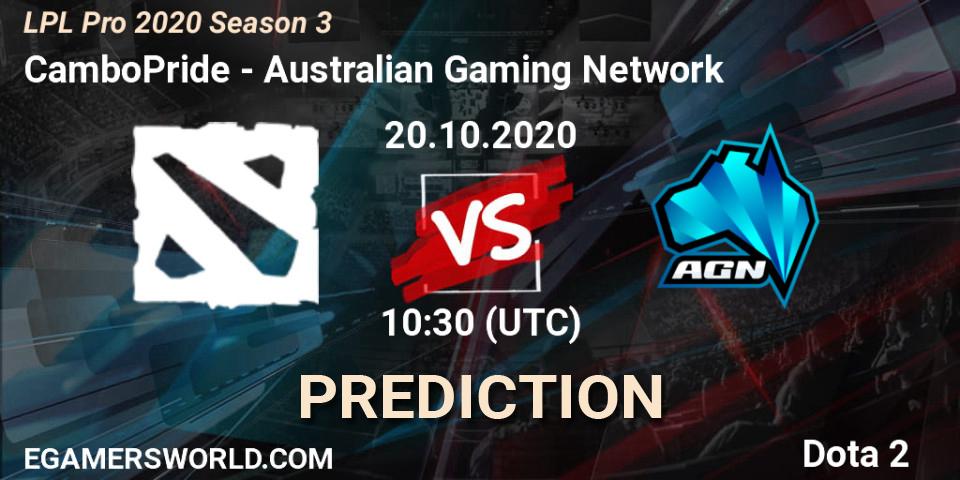 CamboPride vs Australian Gaming Network: Match Prediction. 26.10.2020 at 09:49, Dota 2, LPL Pro 2020 Season 3