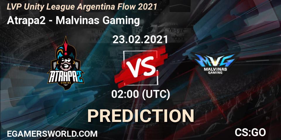 Atrapa2 vs Malvinas Gaming: Match Prediction. 23.02.2021 at 02:00, Counter-Strike (CS2), LVP Unity League Argentina Apertura 2021