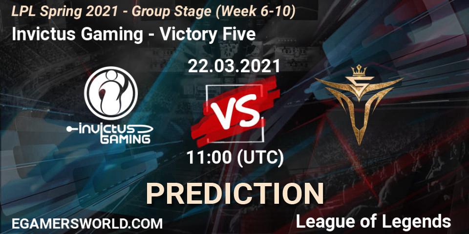 Invictus Gaming vs Victory Five: Match Prediction. 22.03.2021 at 11:00, LoL, LPL Spring 2021 - Group Stage (Week 6-10)