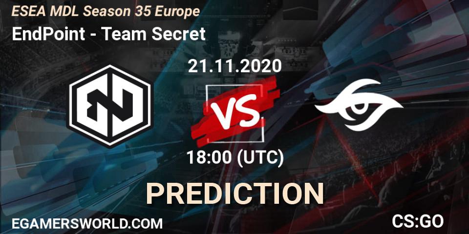 EndPoint vs Team Secret: Match Prediction. 21.11.2020 at 18:00, Counter-Strike (CS2), ESEA MDL Season 35 Europe