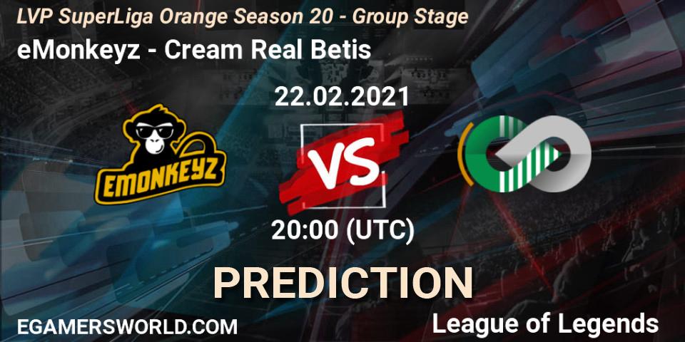 eMonkeyz vs Cream Real Betis: Match Prediction. 22.02.2021 at 20:00, LoL, LVP SuperLiga Orange Season 20 - Group Stage