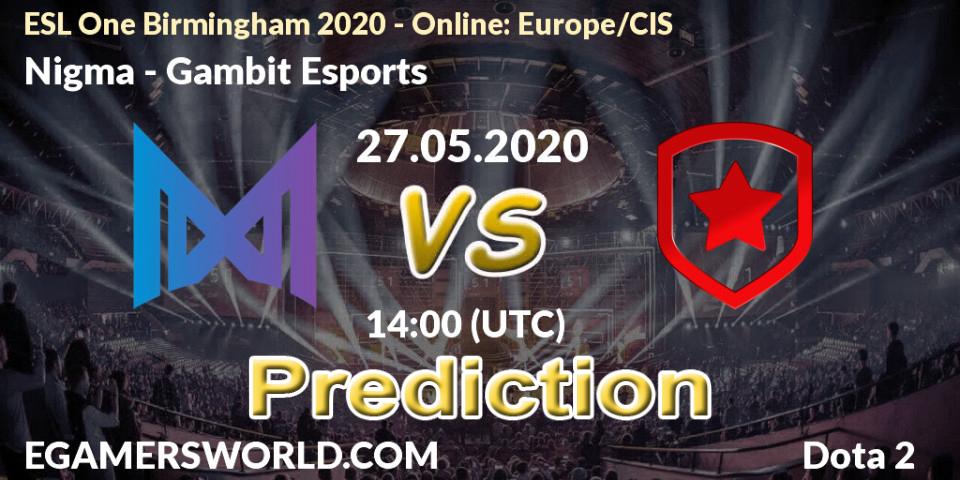 Nigma vs Gambit Esports: Match Prediction. 27.05.2020 at 14:18, Dota 2, ESL One Birmingham 2020 - Online: Europe/CIS