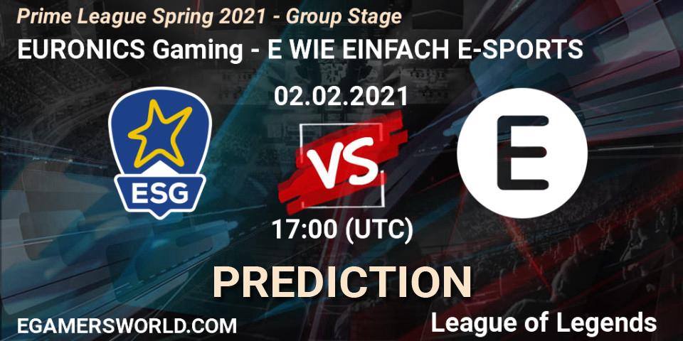 EURONICS Gaming vs E WIE EINFACH E-SPORTS: Match Prediction. 02.02.2021 at 18:00, LoL, Prime League Spring 2021 - Group Stage