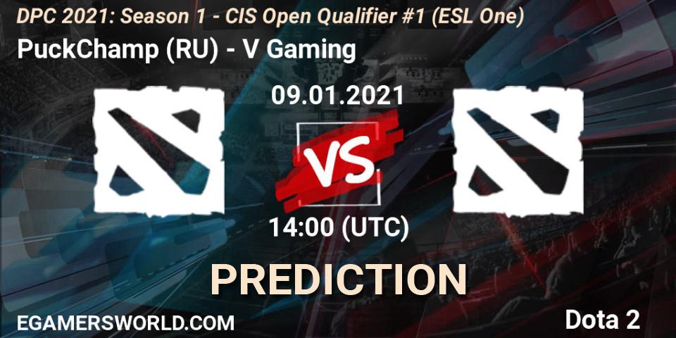PuckChamp (RU) vs V Gaming: Match Prediction. 09.01.2021 at 14:10, Dota 2, DPC 2021: Season 1 - CIS Open Qualifier #1 (ESL One)