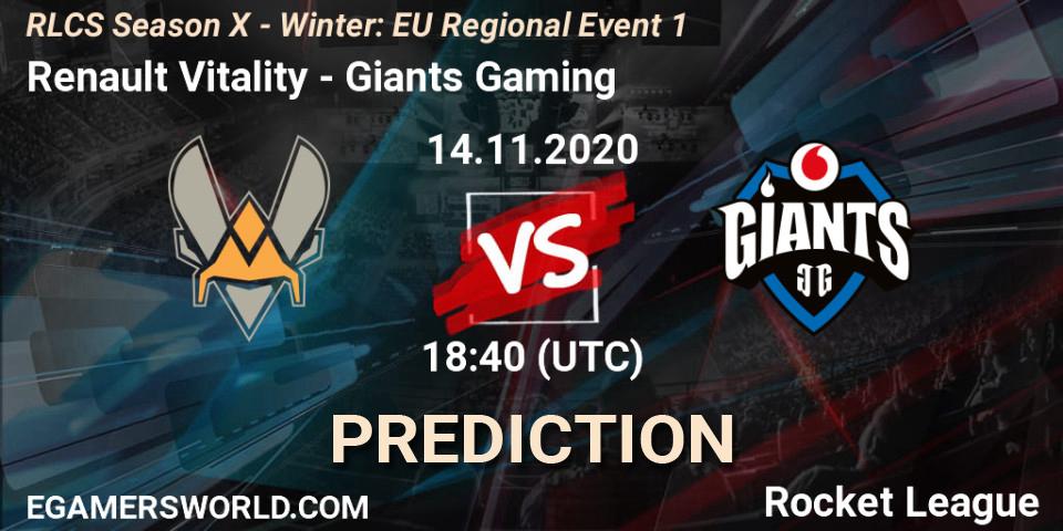 Renault Vitality vs Giants Gaming: Match Prediction. 14.11.2020 at 18:40, Rocket League, RLCS Season X - Winter: EU Regional Event 1