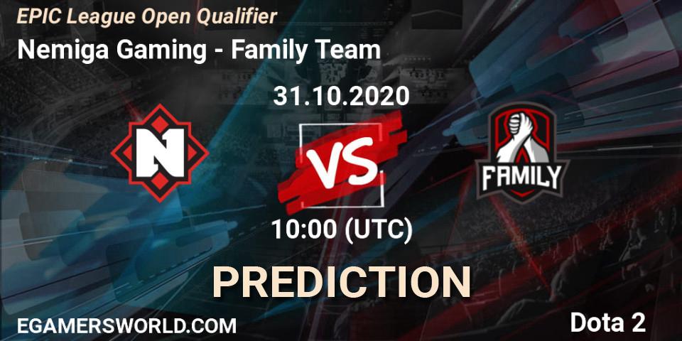 Nemiga Gaming vs Family Team: Match Prediction. 31.10.2020 at 10:20, Dota 2, EPIC League Open Qualifier
