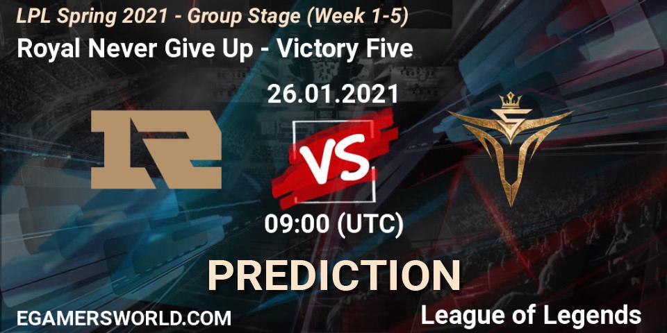 Royal Never Give Up vs Victory Five: Match Prediction. 26.01.2021 at 09:20, LoL, LPL Spring 2021 - Group Stage (Week 1-5)
