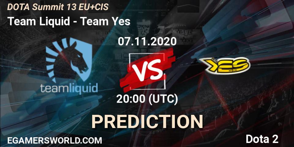 Team Liquid vs Team Yes: Match Prediction. 07.11.2020 at 19:45, Dota 2, DOTA Summit 13: EU & CIS