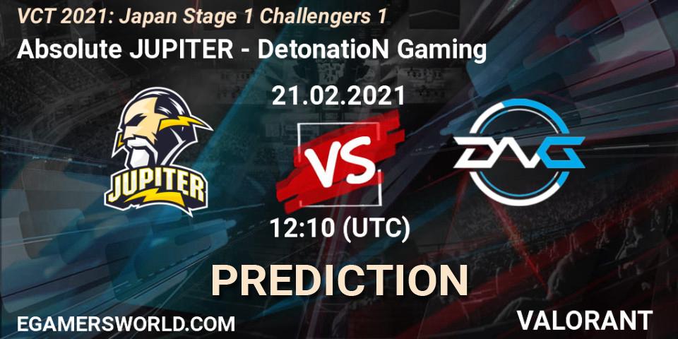 Absolute JUPITER vs DetonatioN Gaming: Match Prediction. 21.02.2021 at 13:20, VALORANT, VCT 2021: Japan Stage 1 Challengers 1