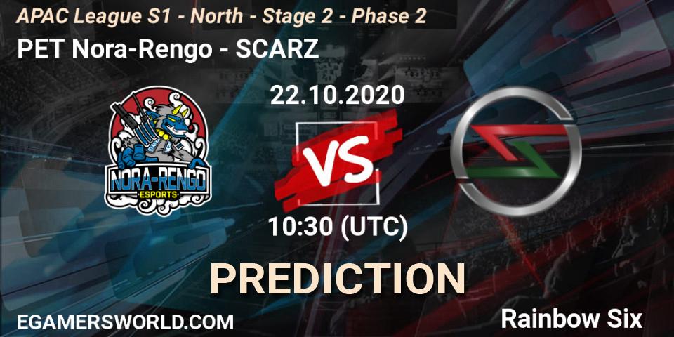 PET Nora-Rengo vs SCARZ: Match Prediction. 22.10.2020 at 10:30, Rainbow Six, APAC League S1 - North - Stage 2 - Phase 2