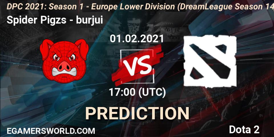 Spider Pigzs vs burjui: Match Prediction. 01.02.2021 at 17:33, Dota 2, DPC 2021: Season 1 - Europe Lower Division (DreamLeague Season 14)
