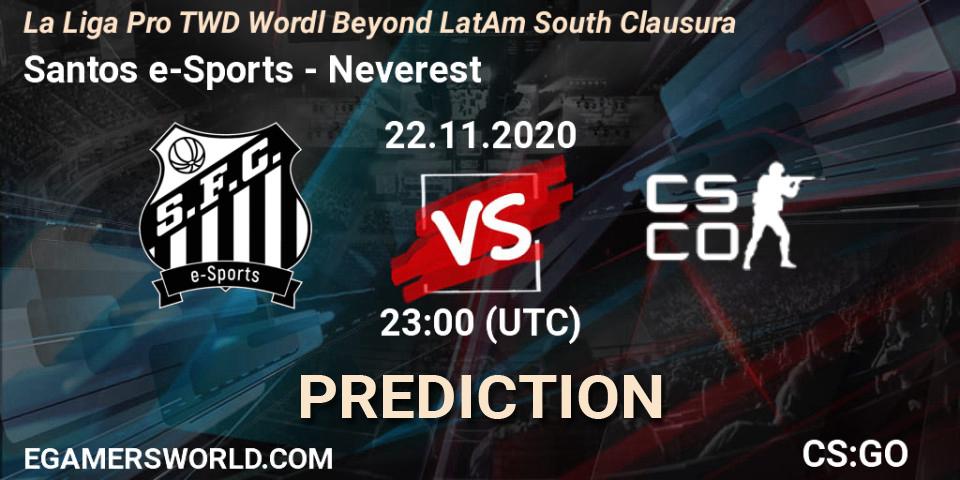 Santos e-Sports vs Neverest: Match Prediction. 22.11.20, CS2 (CS:GO), La Liga Pro TWD Wordl Beyond LatAm South Clausura