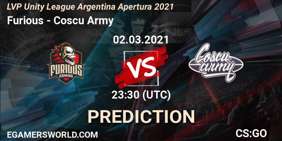 Furious vs Coscu Army: Match Prediction. 02.03.2021 at 23:30, Counter-Strike (CS2), LVP Unity League Argentina Apertura 2021