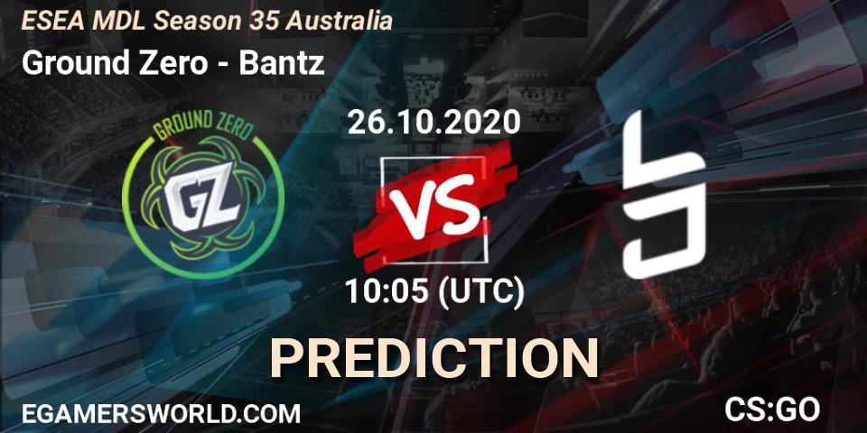 Ground Zero vs Bantz: Match Prediction. 27.10.2020 at 08:05, Counter-Strike (CS2), ESEA MDL Season 35 Australia