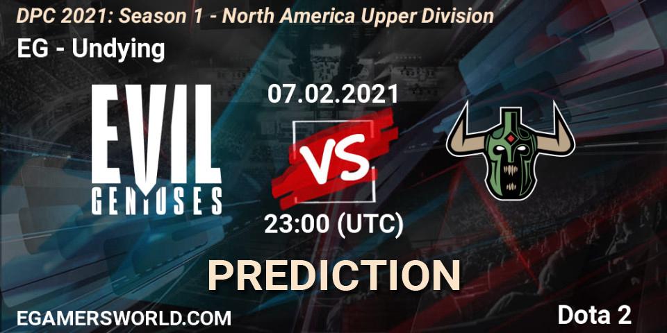 EG vs Undying: Match Prediction. 07.02.2021 at 22:59, Dota 2, DPC 2021: Season 1 - North America Upper Division