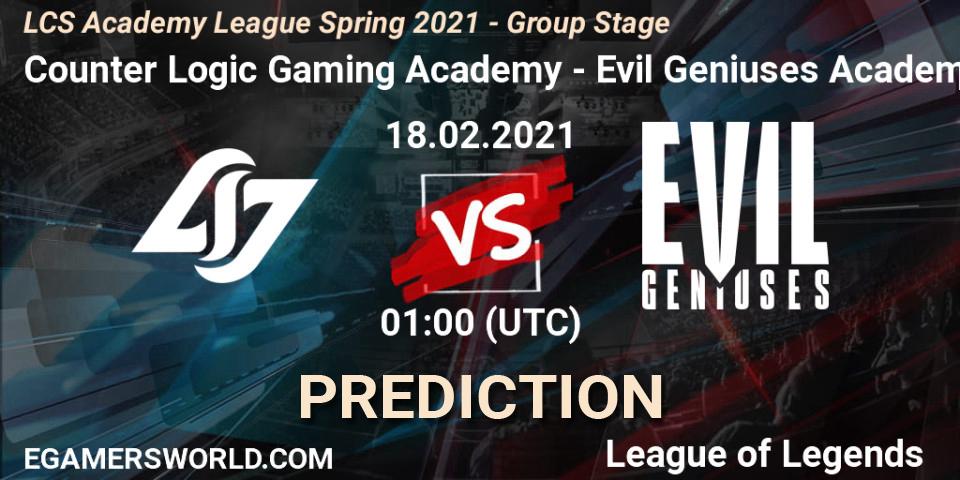Counter Logic Gaming Academy vs Evil Geniuses Academy: Match Prediction. 18.02.21, LoL, LCS Academy League Spring 2021 - Group Stage