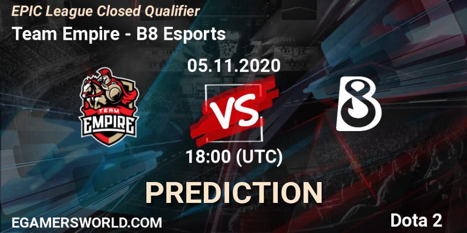 Team Empire vs B8 Esports: Match Prediction. 05.11.2020 at 17:13, Dota 2, EPIC League Closed Qualifier