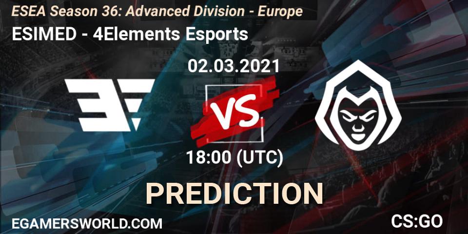 ESIMED vs 4Elements Esports: Match Prediction. 02.03.2021 at 18:00, Counter-Strike (CS2), ESEA Season 36: Europe - Advanced Division
