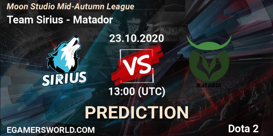 Team Sirius vs Matador: Match Prediction. 23.10.2020 at 11:52, Dota 2, Moon Studio Mid-Autumn League