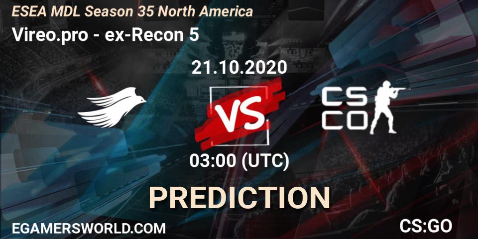 Vireo.pro vs ex-Recon 5: Match Prediction. 21.10.2020 at 03:00, Counter-Strike (CS2), ESEA MDL Season 35 North America