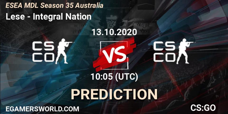 Lese vs Integral Nation: Match Prediction. 13.10.2020 at 10:05, Counter-Strike (CS2), ESEA MDL Season 35 Australia