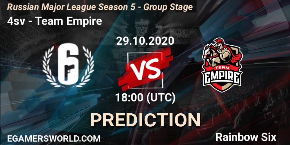 4sv vs Team Empire: Match Prediction. 29.10.2020 at 18:00, Rainbow Six, Russian Major League Season 5 - Group Stage