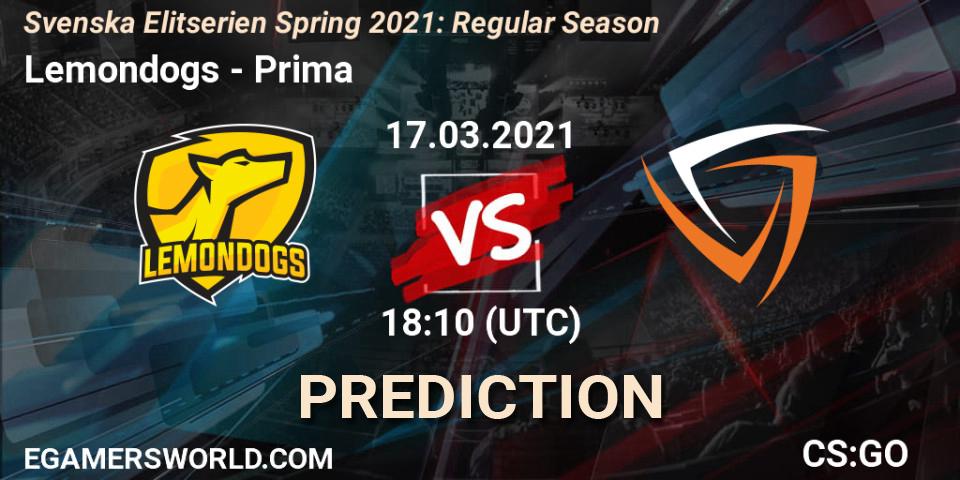 Lemondogs vs Prima: Match Prediction. 17.03.2021 at 18:10, Counter-Strike (CS2), Svenska Elitserien Spring 2021: Regular Season