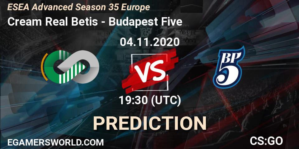 Cream Real Betis vs Budapest Five: Match Prediction. 04.11.2020 at 18:40, Counter-Strike (CS2), ESEA Advanced Season 35 Europe