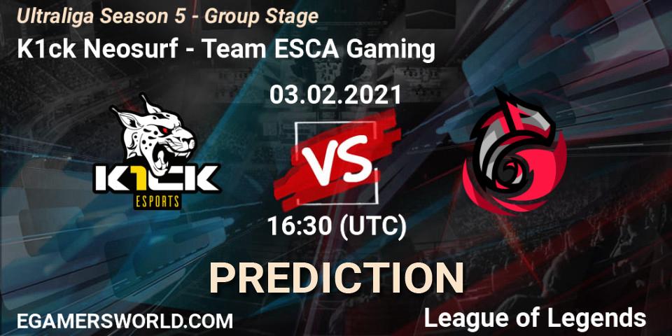K1ck Neosurf vs Team ESCA Gaming: Match Prediction. 03.02.2021 at 16:30, LoL, Ultraliga Season 5 - Group Stage