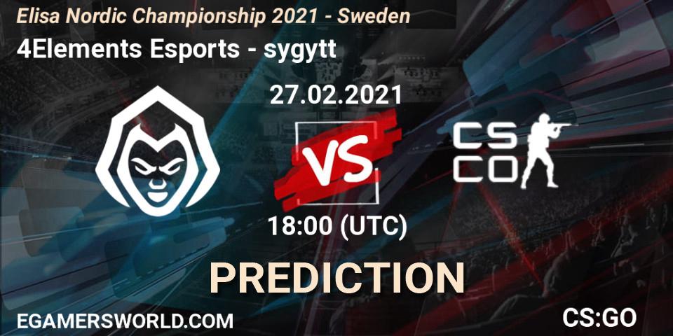 4Elements Esports vs sygytt: Match Prediction. 27.02.2021 at 18:00, Counter-Strike (CS2), Elisa Nordic Championship 2021 - Sweden