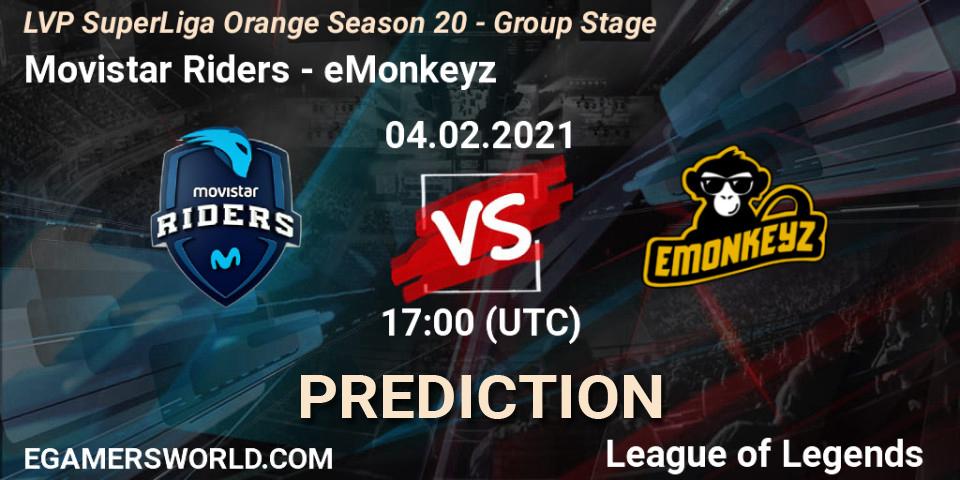 Movistar Riders vs eMonkeyz: Match Prediction. 04.02.2021 at 17:00, LoL, LVP SuperLiga Orange Season 20 - Group Stage