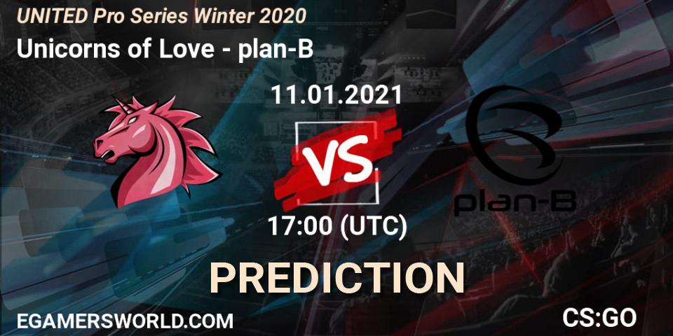 Unicorns of Love vs plan-B: Match Prediction. 11.01.2021 at 17:00, Counter-Strike (CS2), UNITED Pro Series Winter 2020