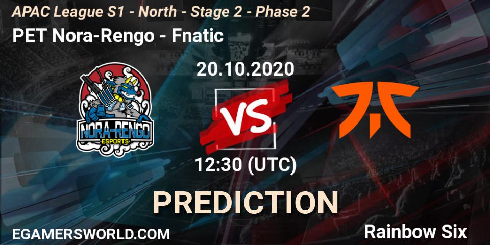 PET Nora-Rengo vs Fnatic: Match Prediction. 20.10.2020 at 12:30, Rainbow Six, APAC League S1 - North - Stage 2 - Phase 2