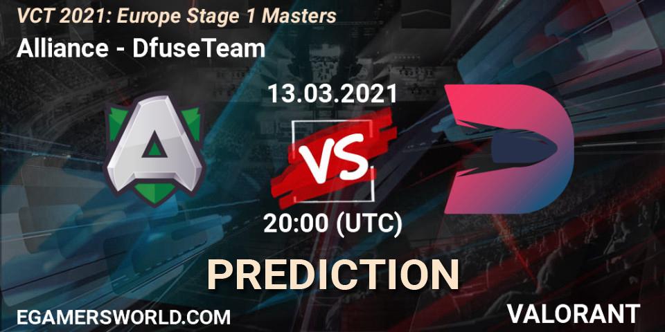 Alliance vs DfuseTeam: Match Prediction. 13.03.2021 at 19:00, VALORANT, VCT 2021: Europe Stage 1 Masters