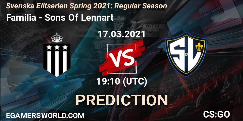 Familia vs Sons Of Lennart: Match Prediction. 17.03.2021 at 19:10, Counter-Strike (CS2), Svenska Elitserien Spring 2021: Regular Season