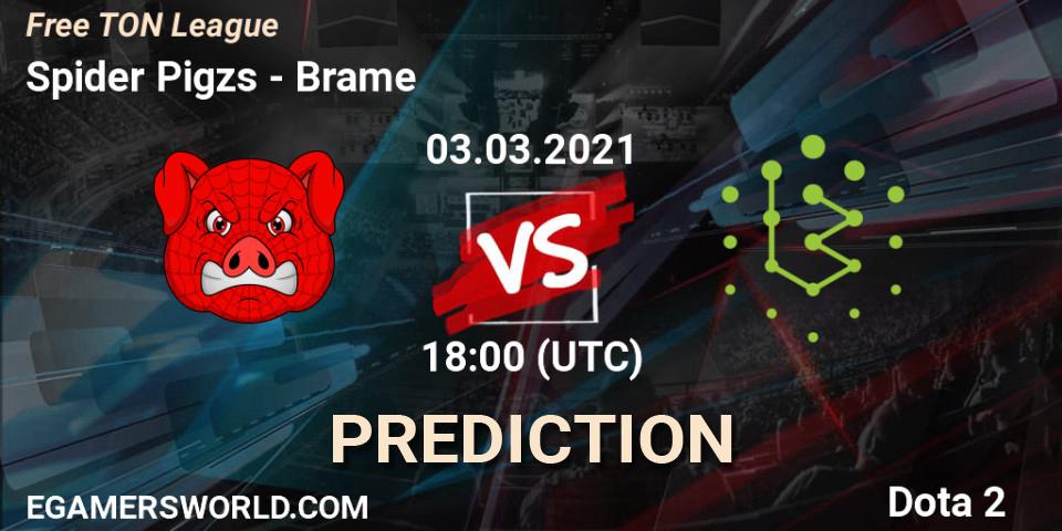 Spider Pigzs vs Brame: Match Prediction. 03.03.2021 at 18:02, Dota 2, Free TON League