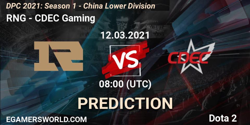 RNG vs CDEC Gaming: Match Prediction. 12.03.2021 at 08:01, Dota 2, DPC 2021: Season 1 - China Lower Division