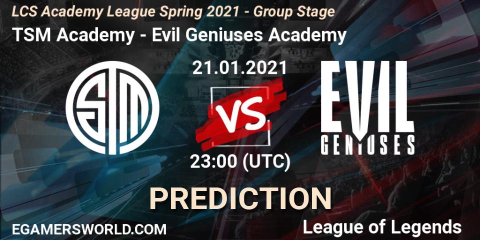 TSM Academy vs Evil Geniuses Academy: Match Prediction. 21.01.2021 at 23:15, LoL, LCS Academy League Spring 2021 - Group Stage