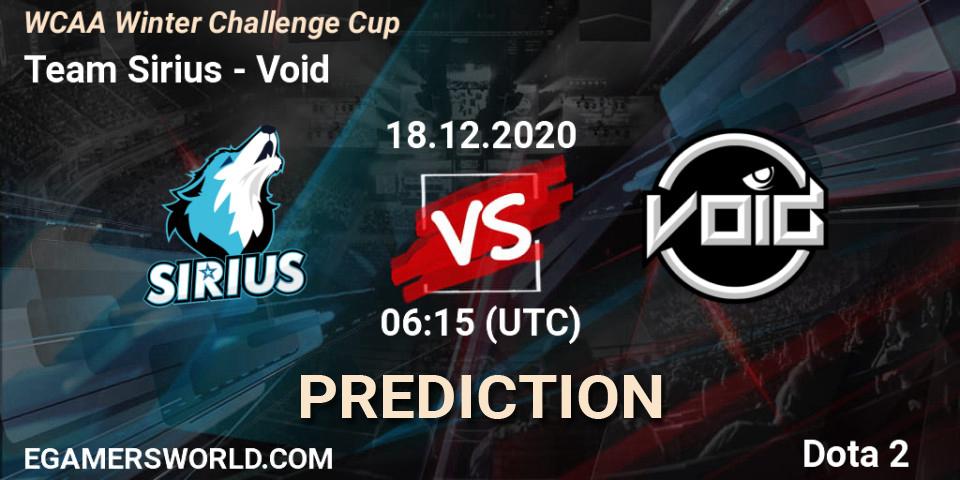 Team Sirius vs Void: Match Prediction. 18.12.2020 at 06:47, Dota 2, WCAA Winter Challenge Cup