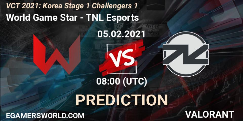 World Game Star vs TNL Esports: Match Prediction. 05.02.2021 at 08:00, VALORANT, VCT 2021: Korea Stage 1 Challengers 1